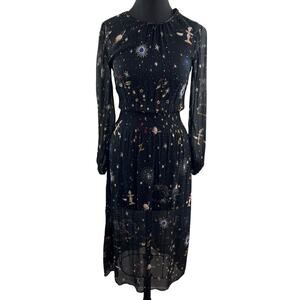 ZARA Black Celestial Dress Galaxy Back Button Waist Smocked Jewel Neck Size XS